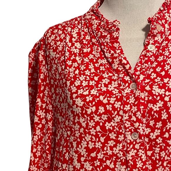 J. Crew Hadid Shirt Dress Womens Large Red Tossed Floral Cottagecore Tiered - Picture 3 of 10
